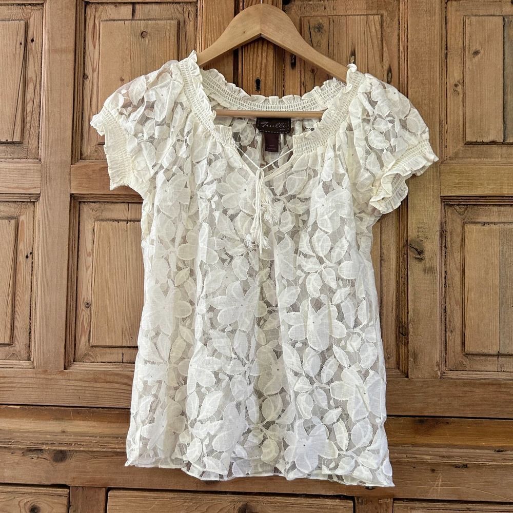 Women's Trulli Petite XXSP Cream Ivory Lace Blouse Sheer Short‎ Sleeve